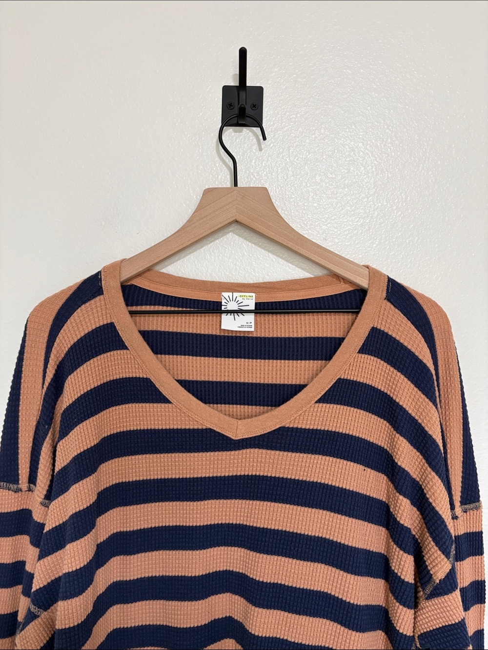Aerie Wow! Striped Thermal Waffle Knit Oversized Long Sleeve Shirt Tan Small - Picture 5 of 10